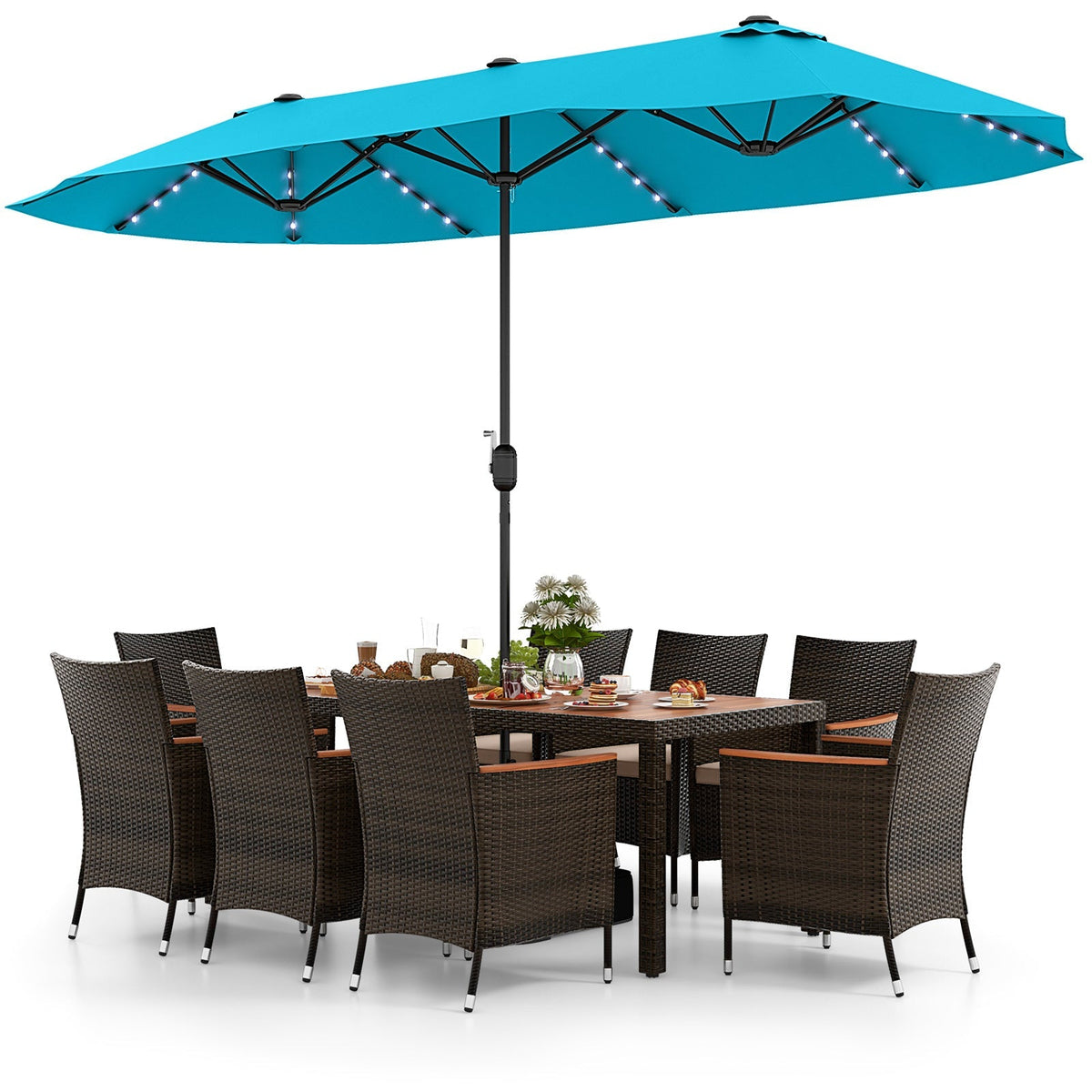 11 Pieces Patio Dining Set 15ft Double-Sided Patio Umbrella (Base Included) and Outdoor Rattan Furniture Set with 8 Stackable Chairs-Turquoise